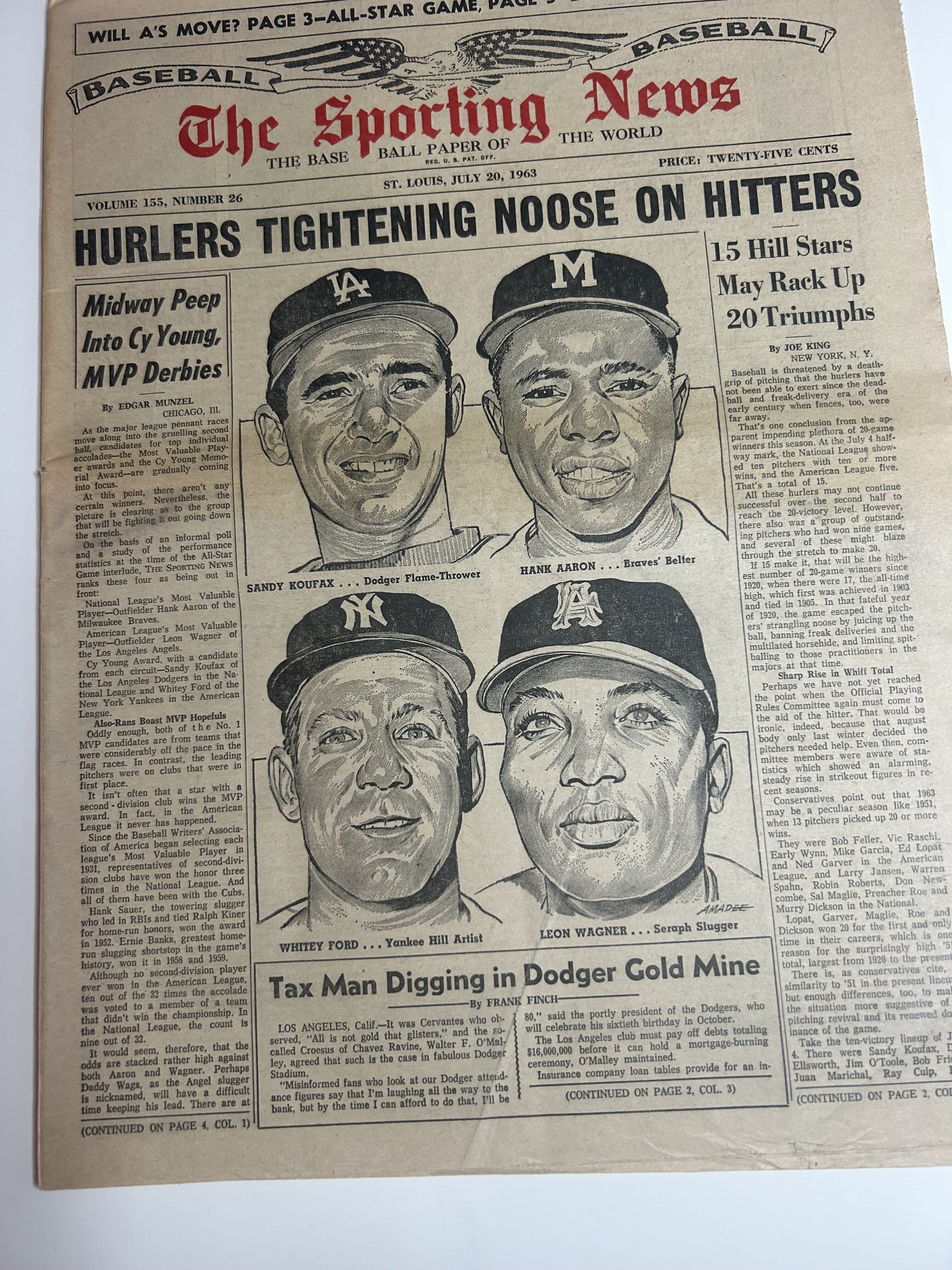 July 20,1963 The Sporting News Sandy Koufax Hank Aaron Drawing by AMADEE