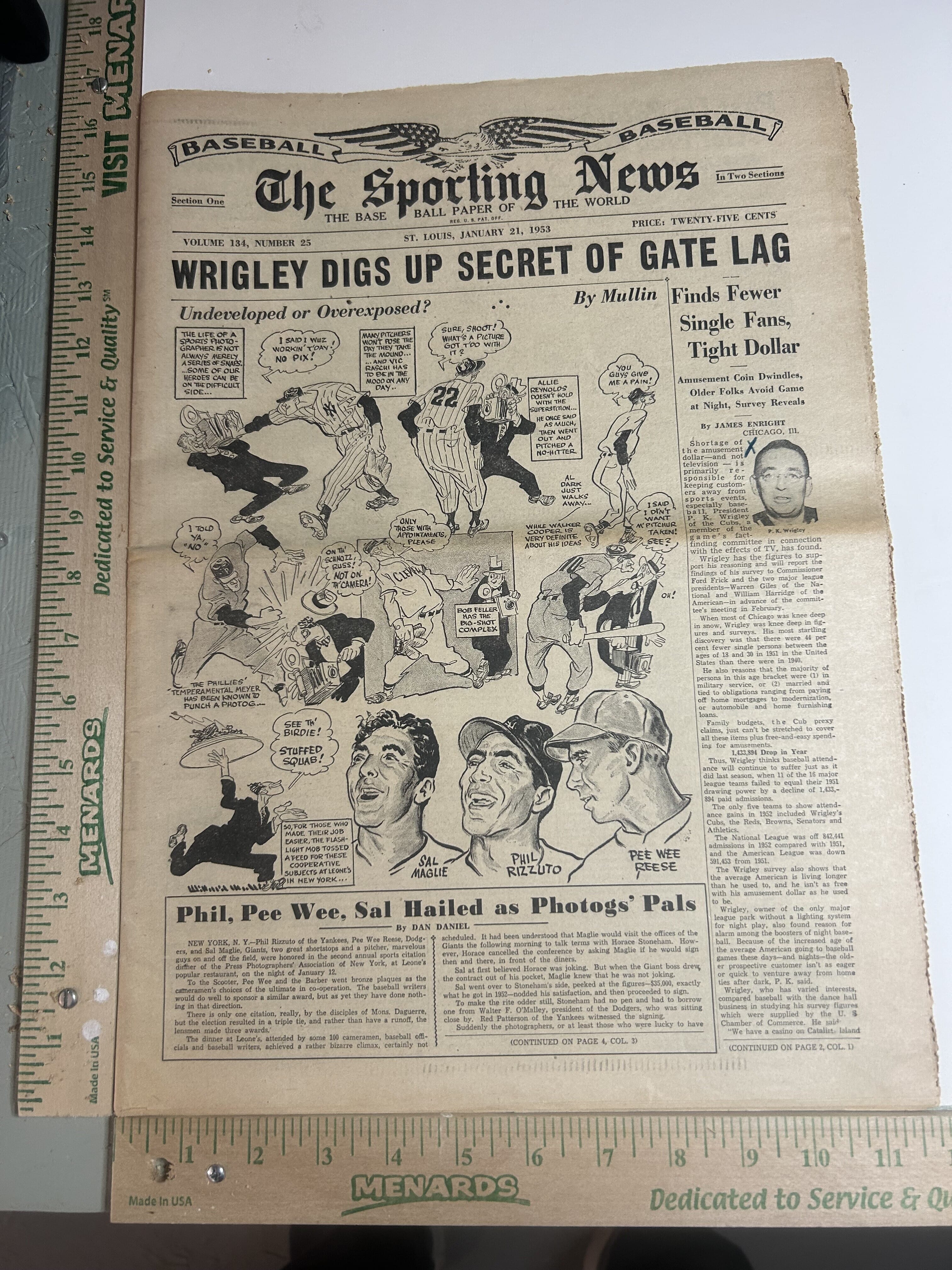 The Sporting News January 21,1953 drawing by William Mullin including Bob Feller, Pee Wee Reese, Phil Rizzuto and Sal Maglie