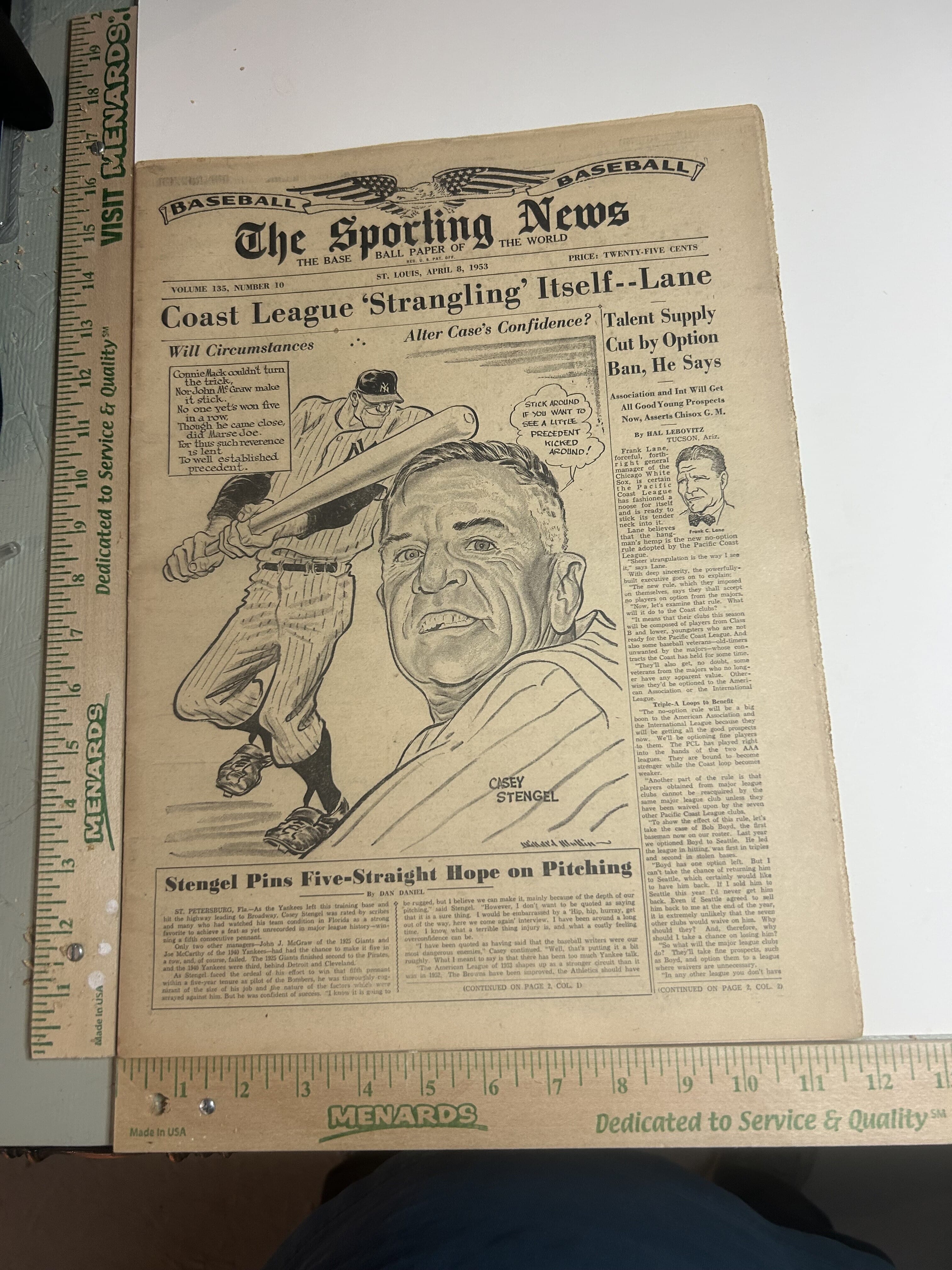 The Sporting News April 8,1953 drawing by William Mullin showing Casey Stengel Chesterfield ad with Jack Webb on back cover