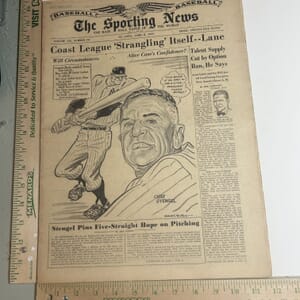 IMG_2234 The Sporting News April 8,1953 drawing by William Mullin showing Casey Stengel Chesterfield ad with Jack Webb on back cover