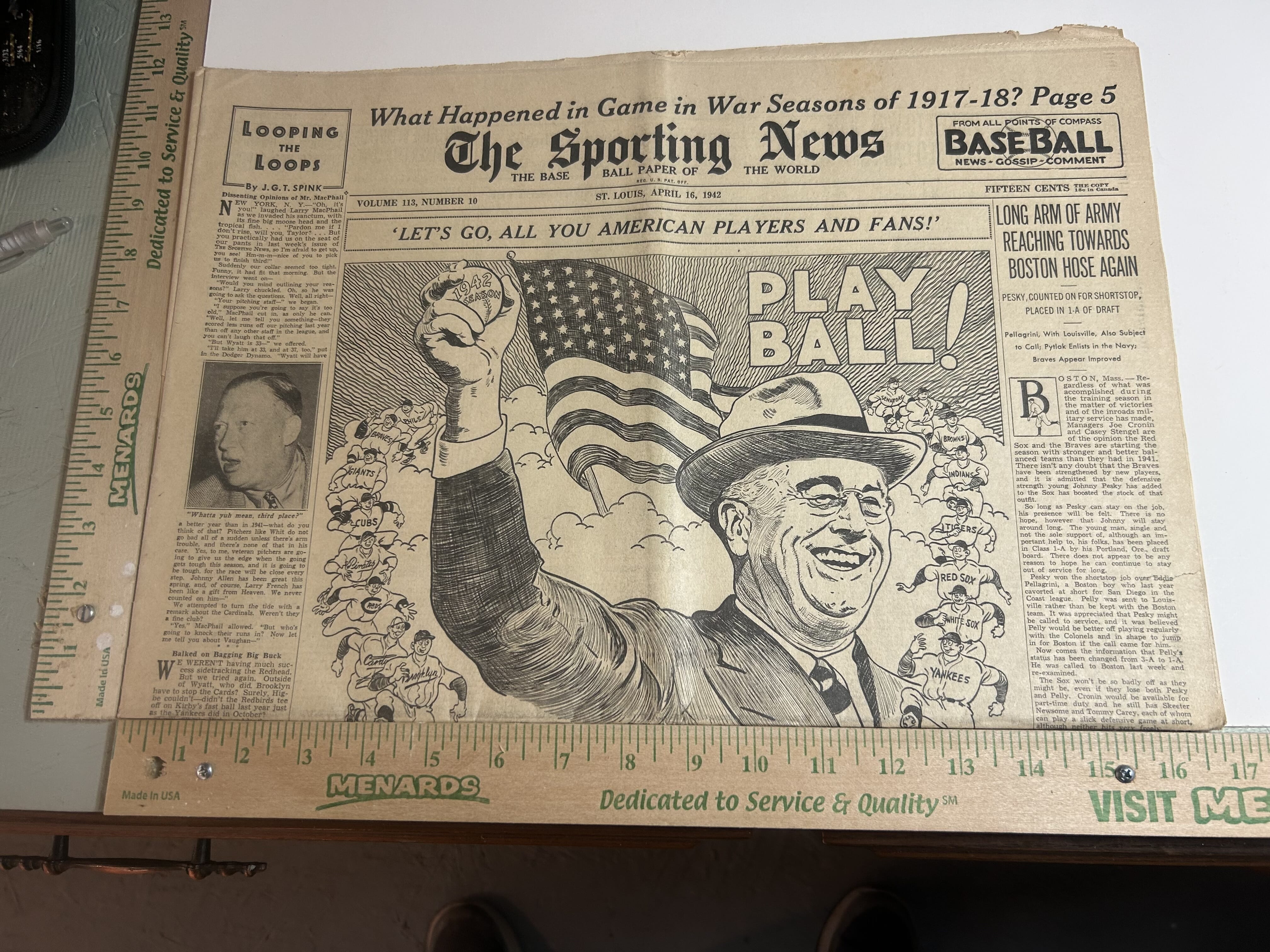 The Sporting News April 16,1942 drawing of President Roosevelt by Bob cone chesterfield military revenue ad on back page