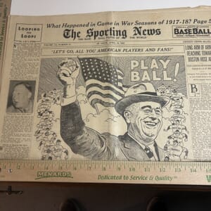 IMG_2244 The Sporting News April 16,1942 drawing of President Roosevelt by Bob cone chesterfield military revenue ad on back page