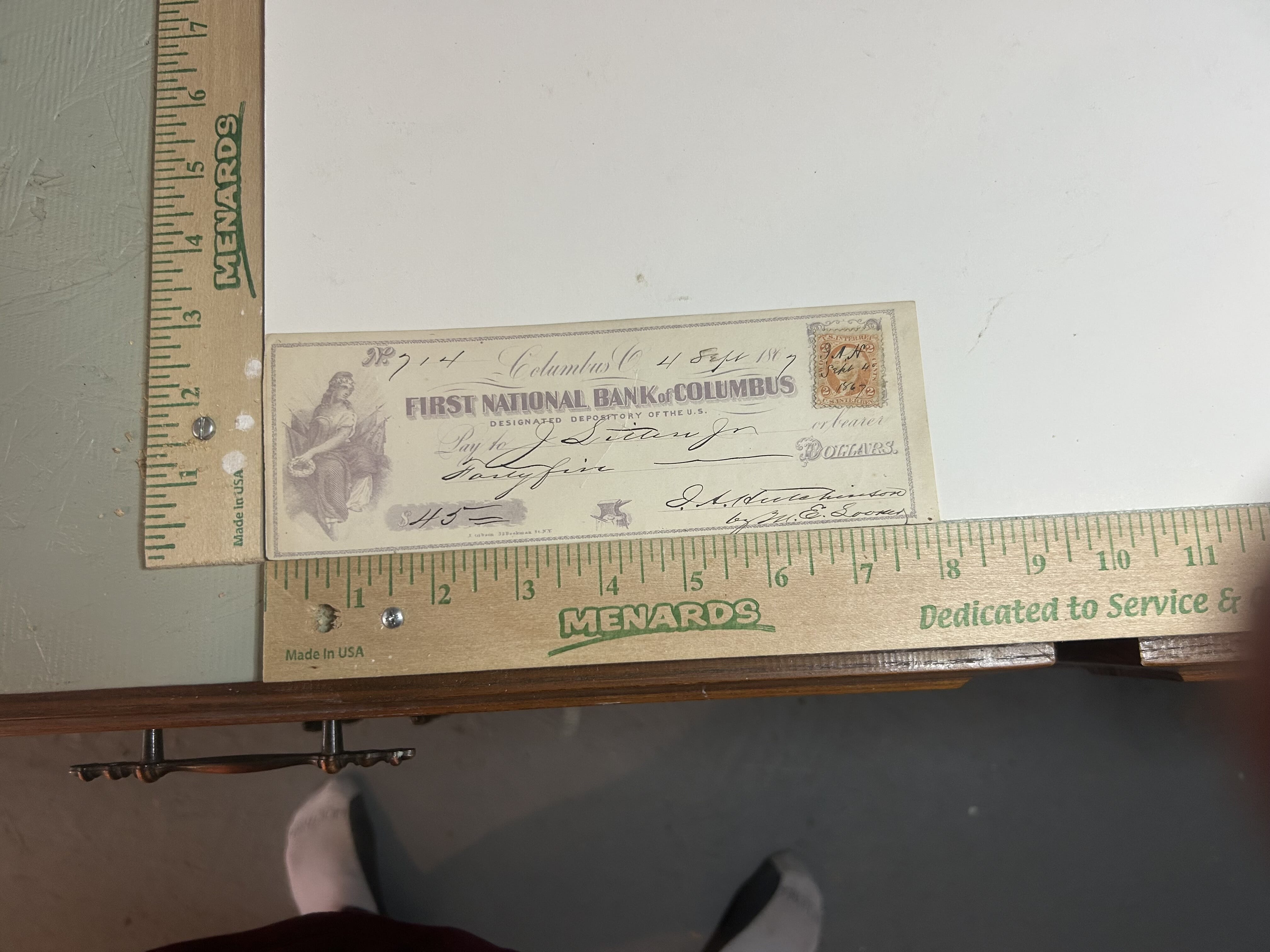 1867 First National Bank of Columbus with Revenue Stamp and hand canceled