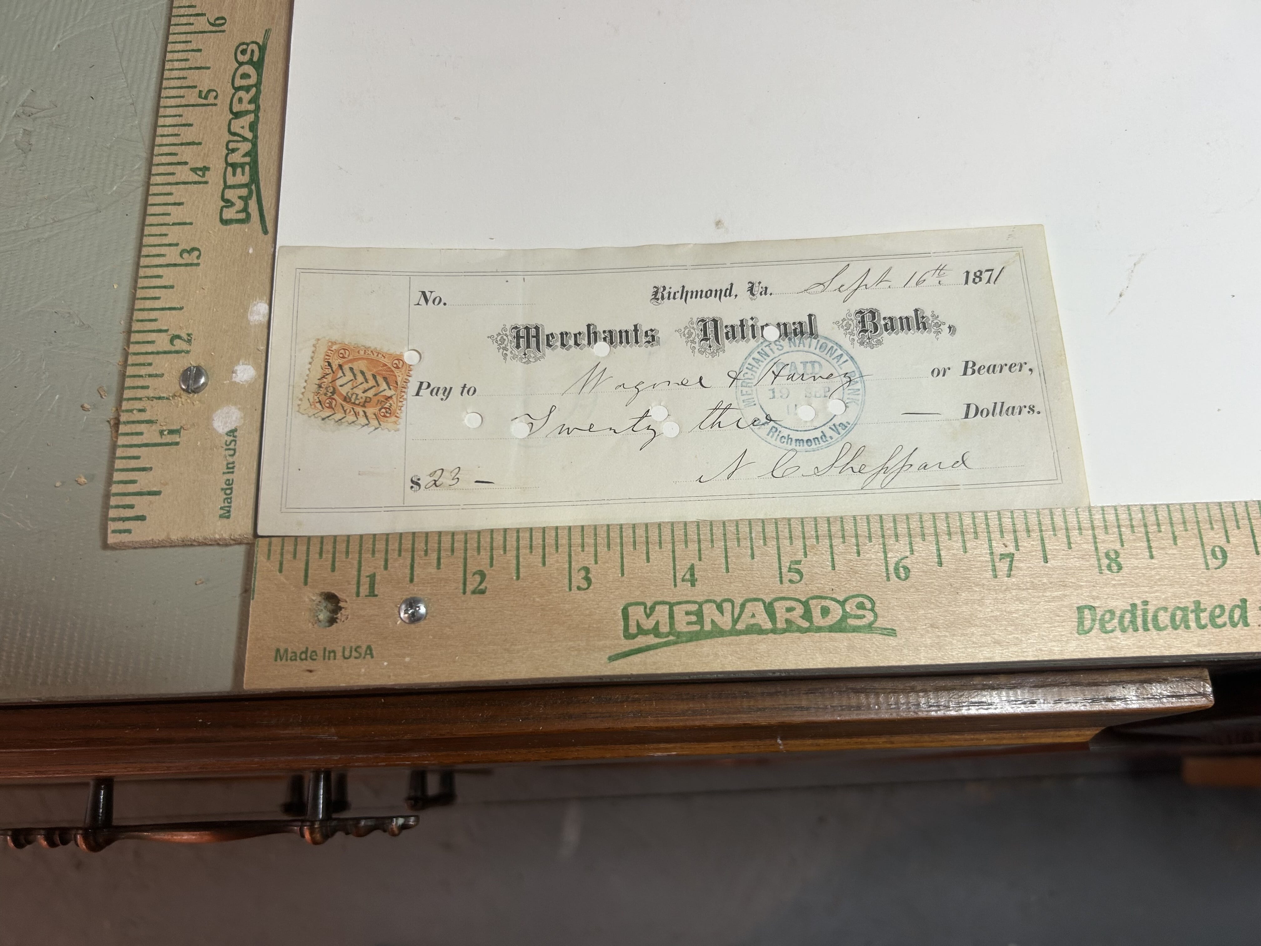 1871 Merchants National Bank of Richmond Va.  Revenue stamped check, machine canceled