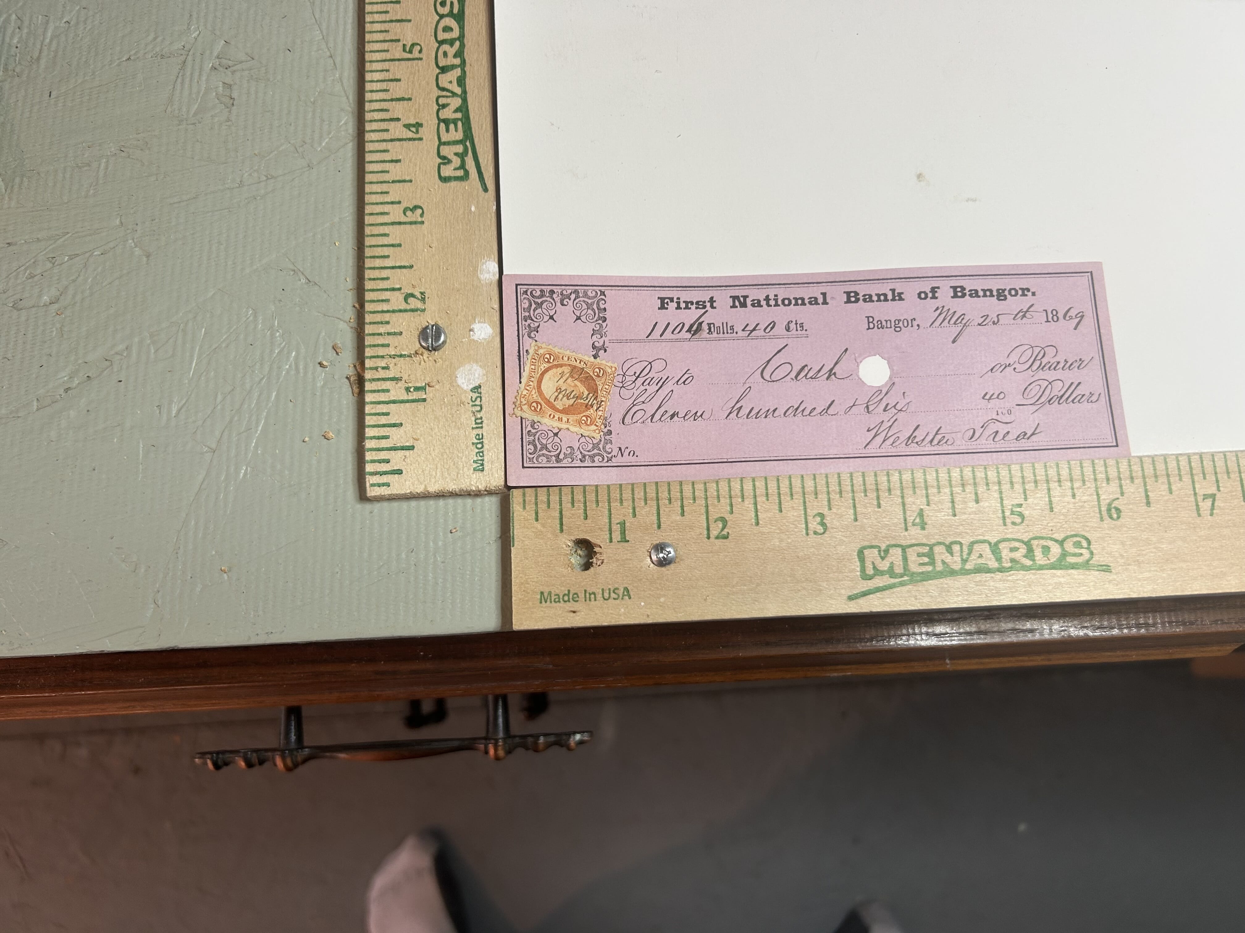1869 First National Bank of Bangor hand cancelled revenue check