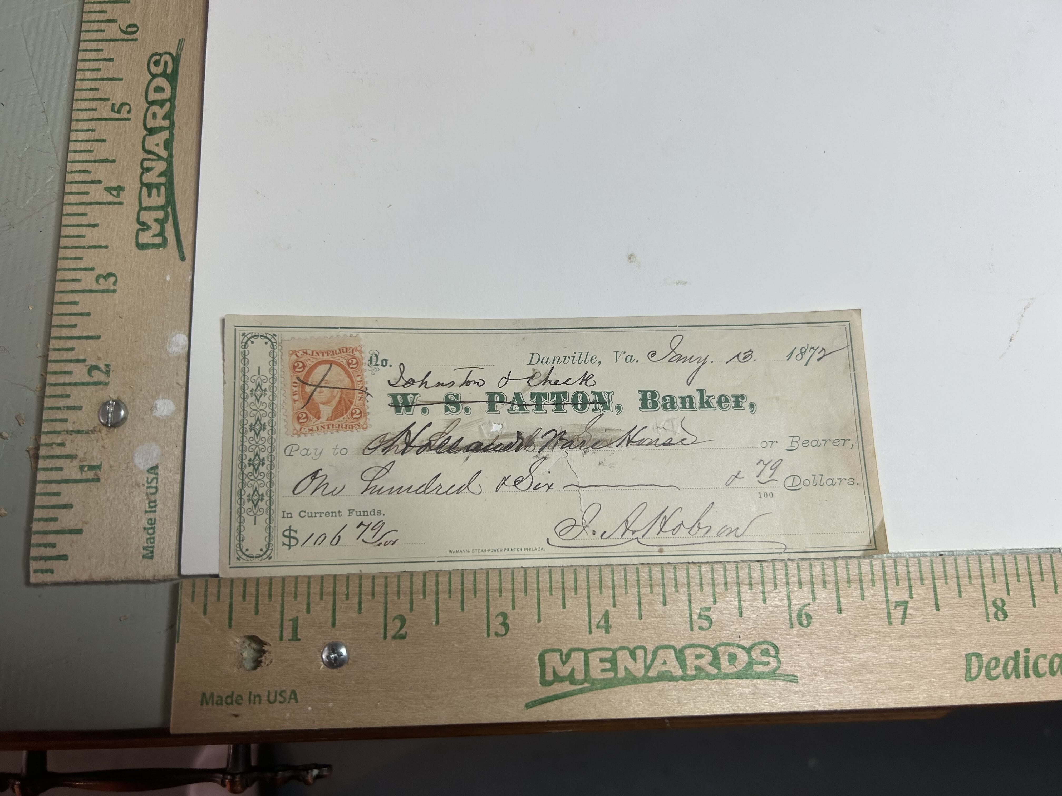 1872 W S Patton Banker of Danville Va. hand cancelled revenue stamped check with W.S.Patton