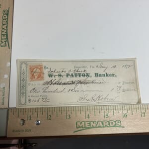 IMG_2282 1872 W S Patton Banker of Danville Va. hand cancelled revenue stamped check with W.S.Patton