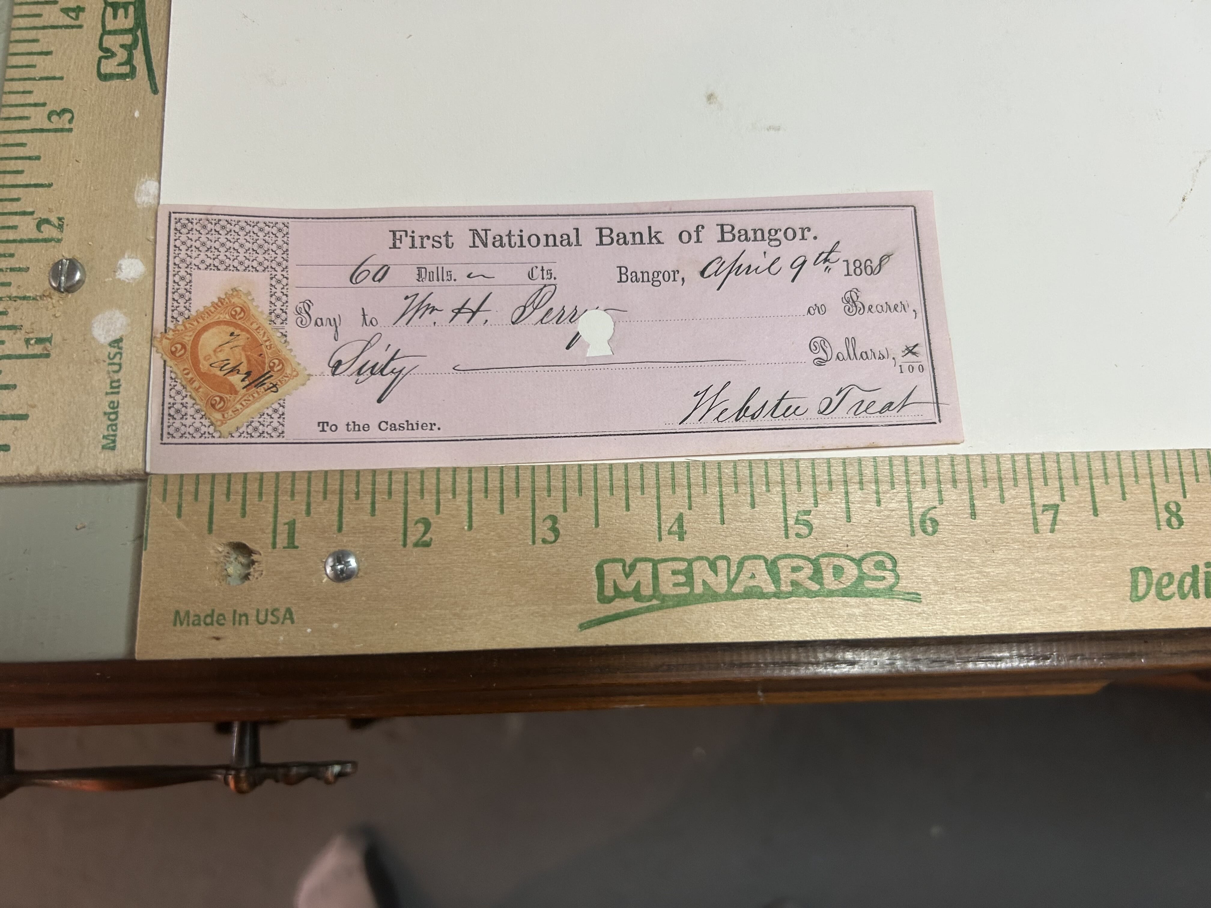 1868 First National Bank of Bangor hand canceled revenue stamped check with punched out center