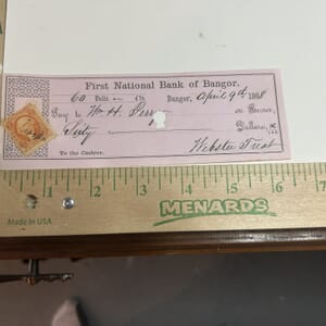 IMG_2283 1868 First National Bank of Bangor hand canceled revenue stamped check with punched out center