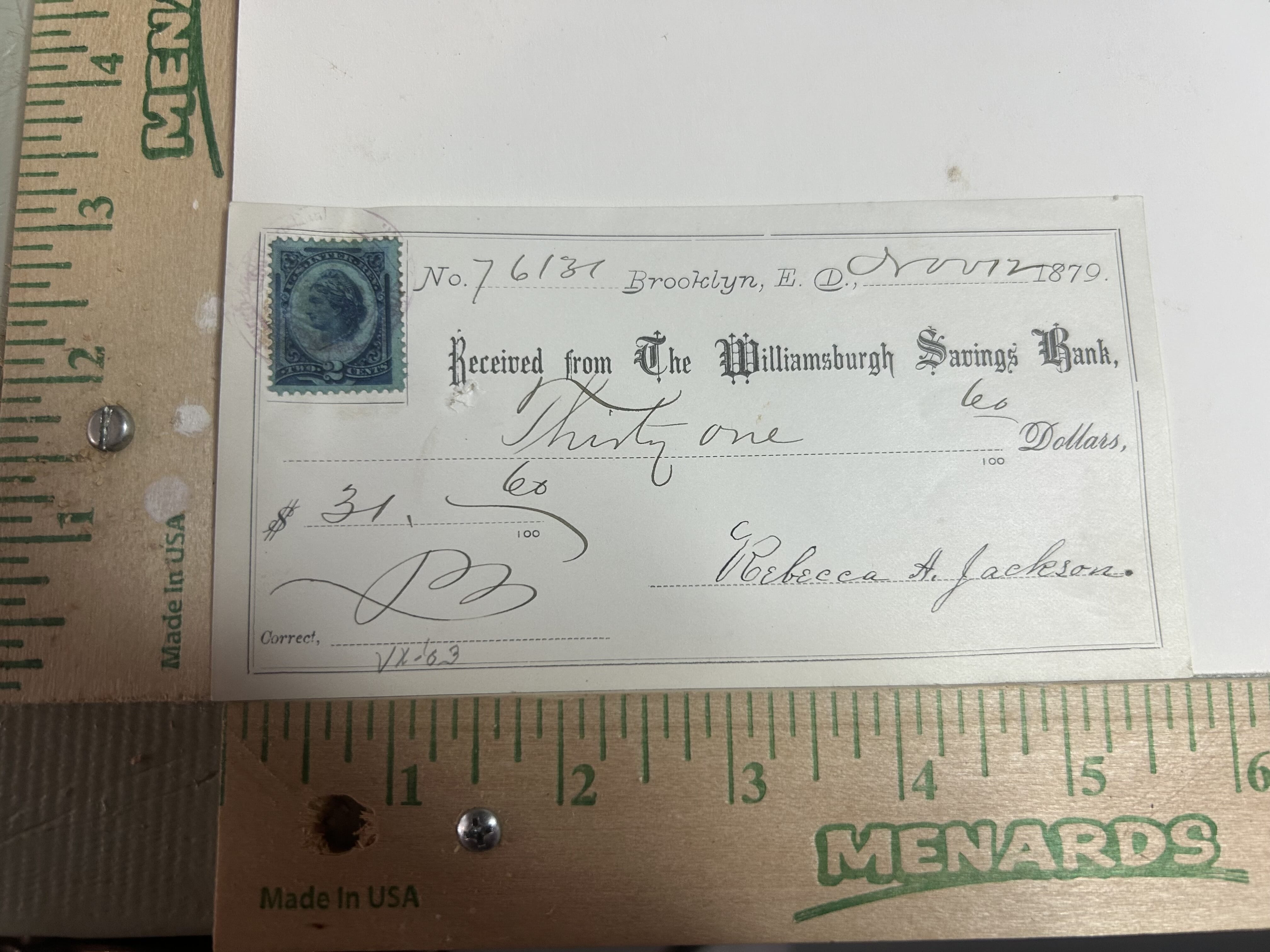 1879 Receipt from The Williamsburg Savings Bank in Brooklyn,E.D. Hand stamped postmark on  blue 2 cent revenue stamp