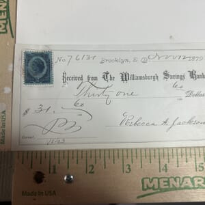 IMG_2284 1879 Receipt from The Williamsburg Savings Bank in Brooklyn,E.D. Hand stamped postmark on blue 2 cent revenue stamp