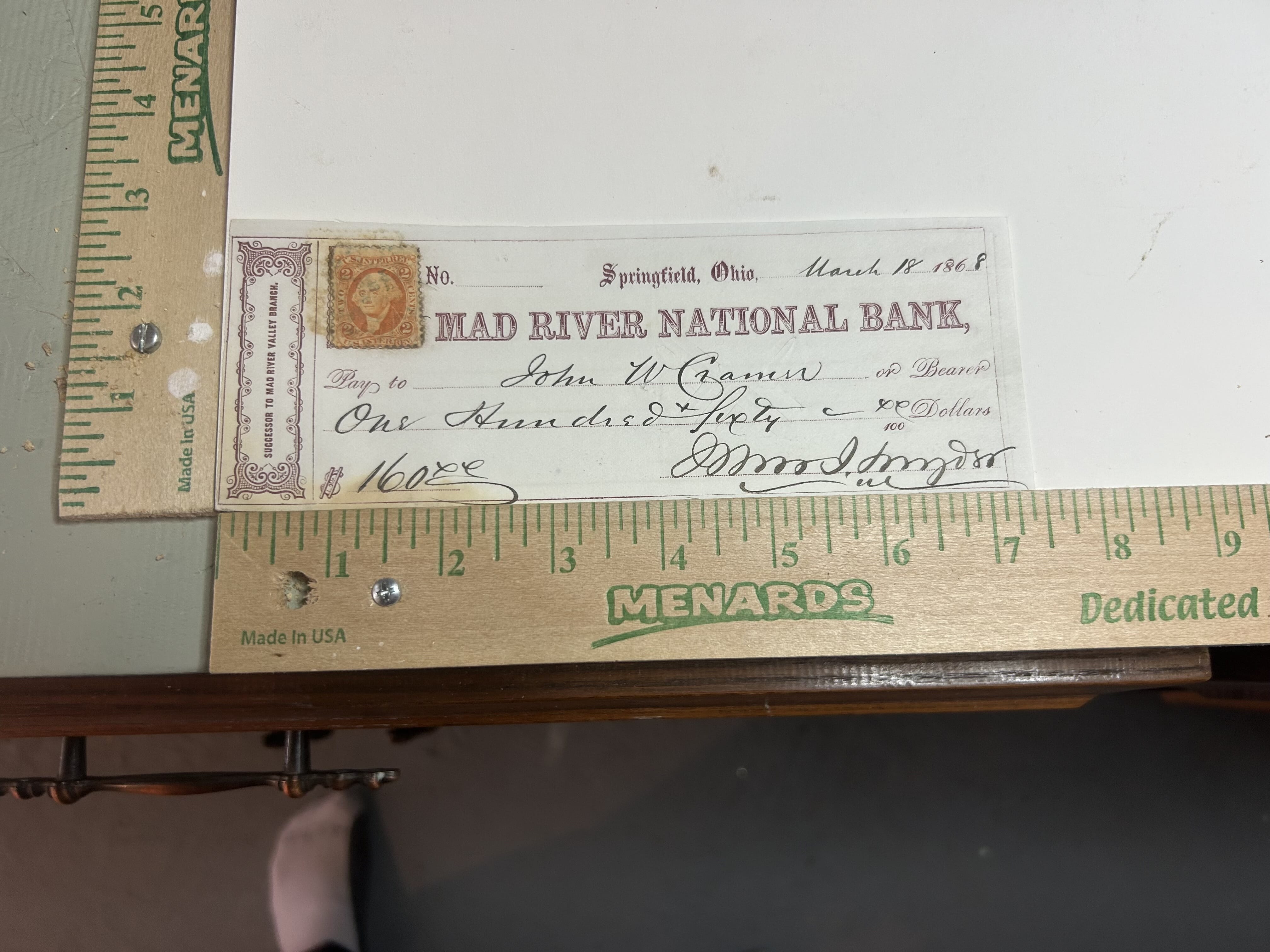 1868 Mad River National Bank of Springfield Ohio with 2 cent orange revenue stamp machine cancellation