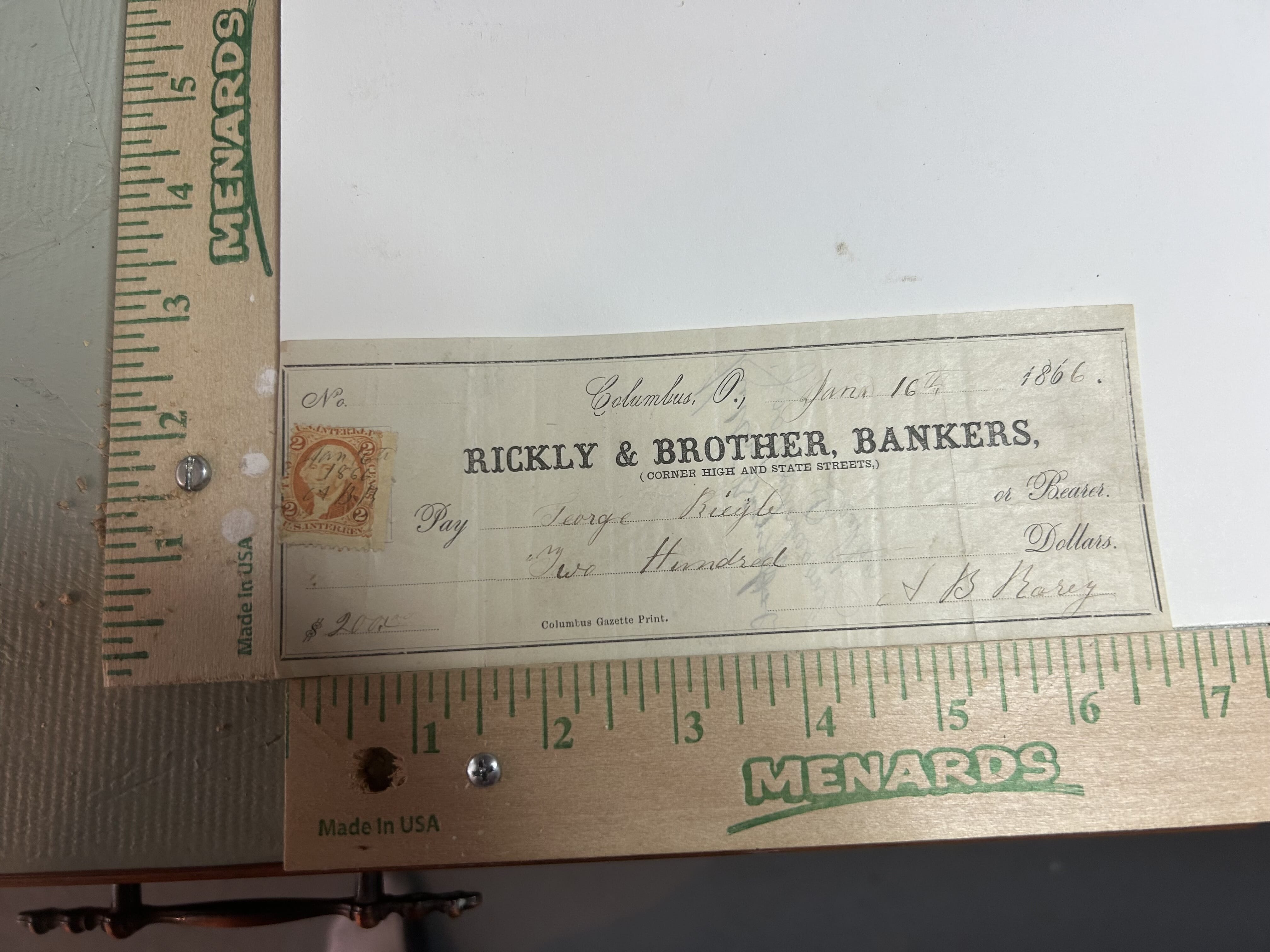 1866 Rickly & Brother,Bankers of Columbus Ohio hand cancelled revenue stamped check with signatures on reverse side