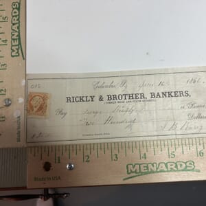 IMG_2287 1866 Rickly & Brother,Bankers of Columbus Ohio hand cancelled revenue stamped check with signatures on reverse side