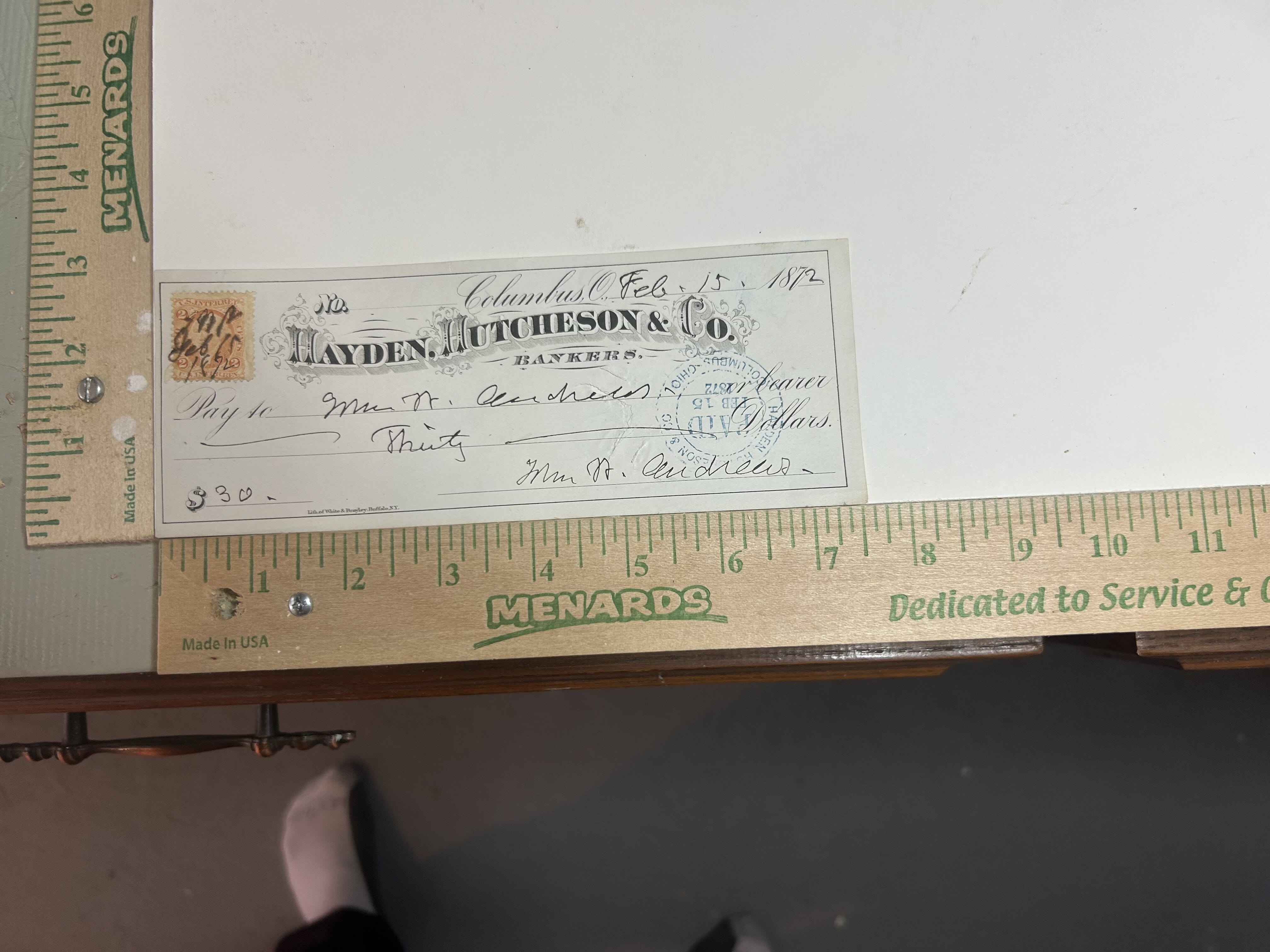 1872 Hayden,Hutcheson&Co from Columbus Ohio hand cancelled orange 2 cent revenue stamped check with banks paid postmark