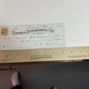 IMG_2289 1872 Hayden,Hutcheson&Co from Columbus Ohio hand cancelled orange 2 cent revenue stamped check with banks paid postmark
