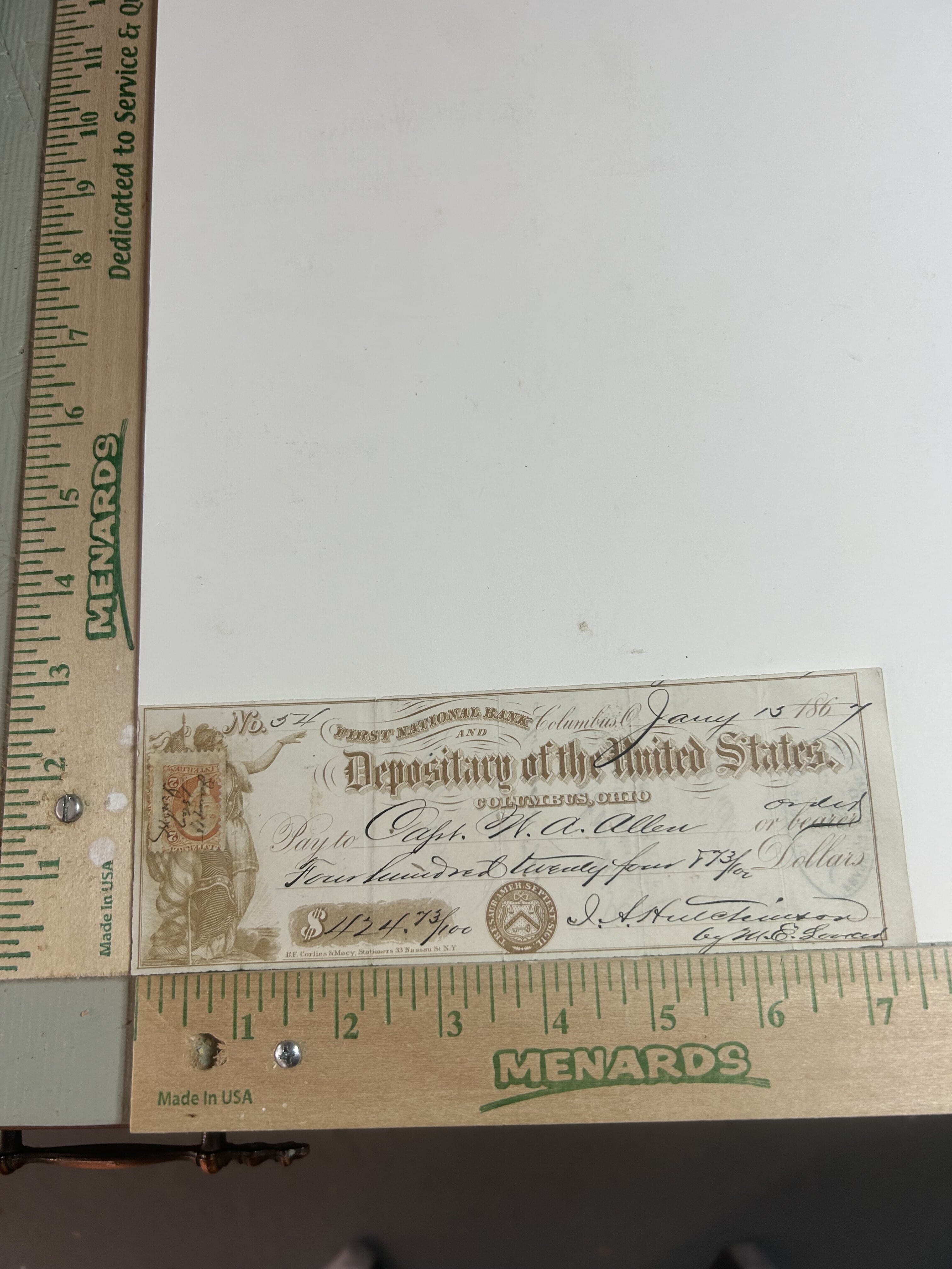 1867 First National Bank and Depository of the United States in Columbus Ohio hand cancelled 2 cent revenue stamp with engraved vignette Reverse side machine processed with multiple signatures