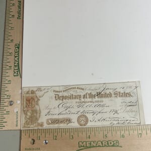 IMG_2293 1867 First National Bank and Depository of the United States in Columbus Ohio hand cancelled 2 cent revenue stamp with engraved vignette Reverse side machine processed with multiple signatures