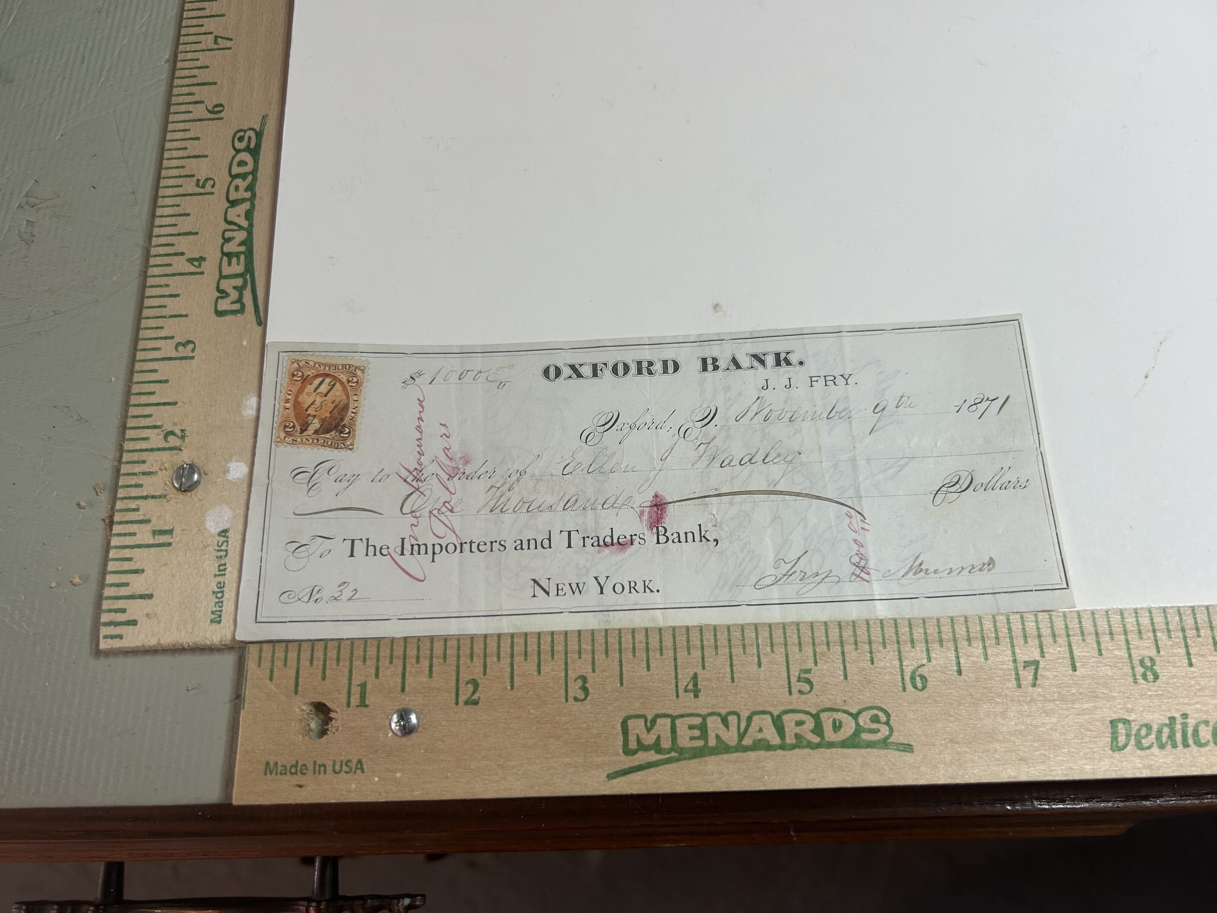 1871 The Importers and Traders Bank of Oxford New York hand cancelled 2 cent revenue check, reverse machine processed with multiple signatures check has been hand folded