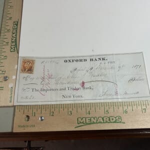 IMG_2295 1871 The Importers and Traders Bank of Oxford New York hand cancelled 2 cent revenue check, reverse machine processed with multiple signatures check has been hand folded