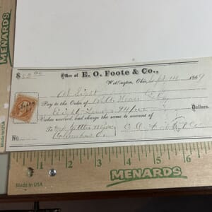 IMG_2297 1869 Office of E.O.Foote &Co. Wellington Ohio hand stamped 2 cent revenue stamped check with multiple signatures on rear with normal folding practices of the period