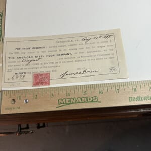 IMG_2300 1899 American Steel Hoop Company hand cancelled revenue stamped transfer of wages agreement with normal folds of the period. Note that stamp hangs over edge of document