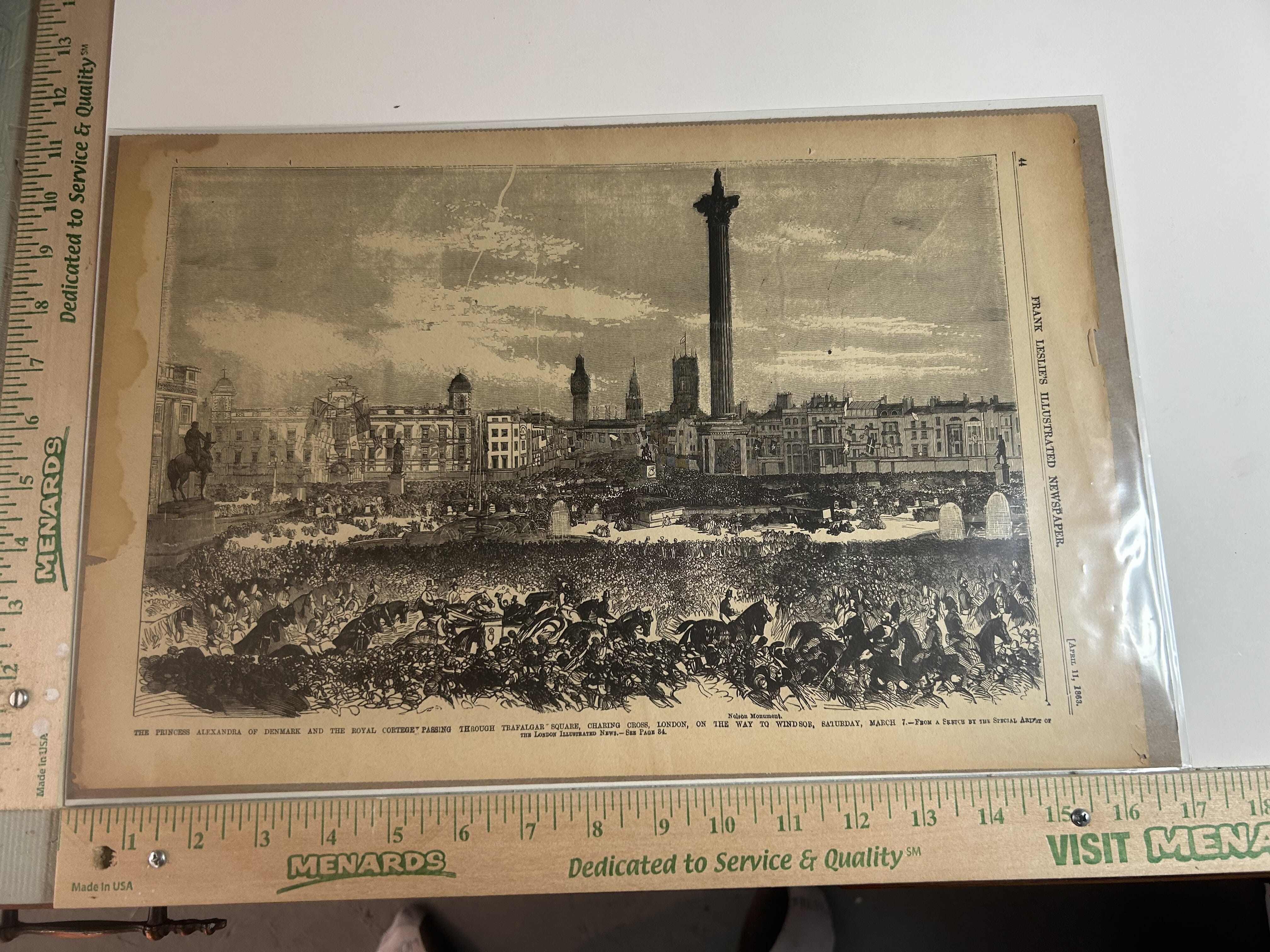 1963 reissue of Frank Leslie’s Illustrated Newspaper on April 11,1863 celebrating the 100th anniversary of the Civil War, drawing of Princess Alexandria of Denmark and the Royal Cortege passing through Trafalgar Square in London on the way to Windsor in