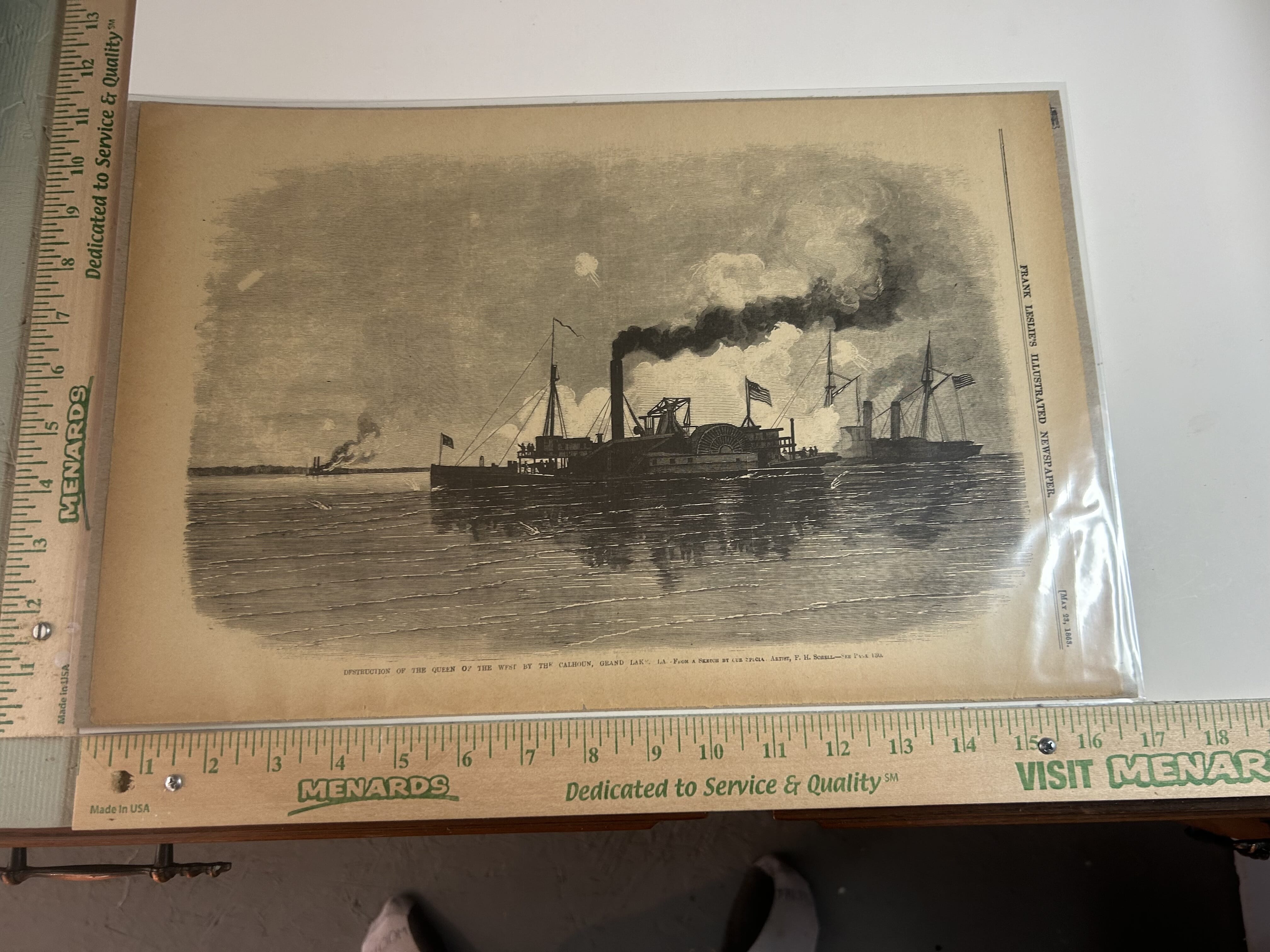 1963 Reissue of the May 23,1863 issue of Frank Leslie’s Illustrated Newspaper issued during the Civil War 100th anniversary celebration. Drawing of the destruction of the Queen of the West by The Calhoun near Grand Lake,La.