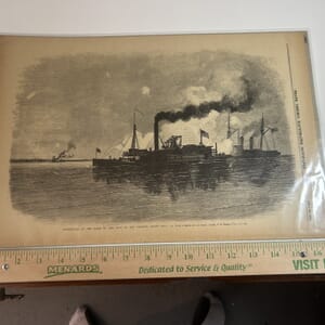 IMG_2309 1963 Reissue of the May 23,1863 issue of Frank Leslie’s Illustrated Newspaper issued during the Civil War 100th anniversary celebration. Drawing of the destruction of the Queen of the West by The Calhoun near Grand Lake,La.