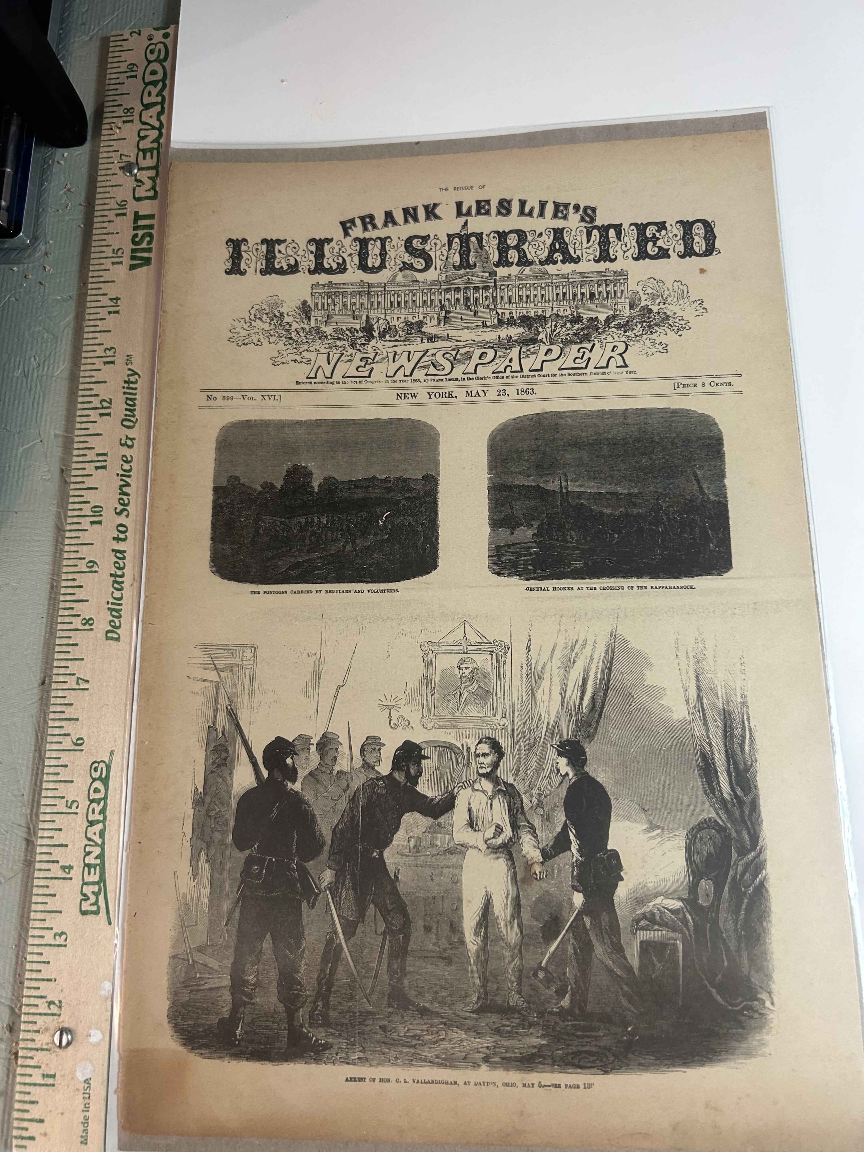 1963 reissue of the May 23,1863 Frank Leslie’s Illustrated Newspaper cover page in celebration of the 100th anniversary of the Civil War with drawings of General Hooker at the Crossing of the Rappahannok and the arrest of Hon. C.L. Vallandigham at Dayton Ohio on May 6th