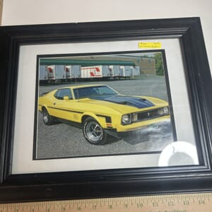 IMG_2339 Framed photo of 1967 Ford Mach 1 Mustang, nice yellow with black stripes,hood and tail fin