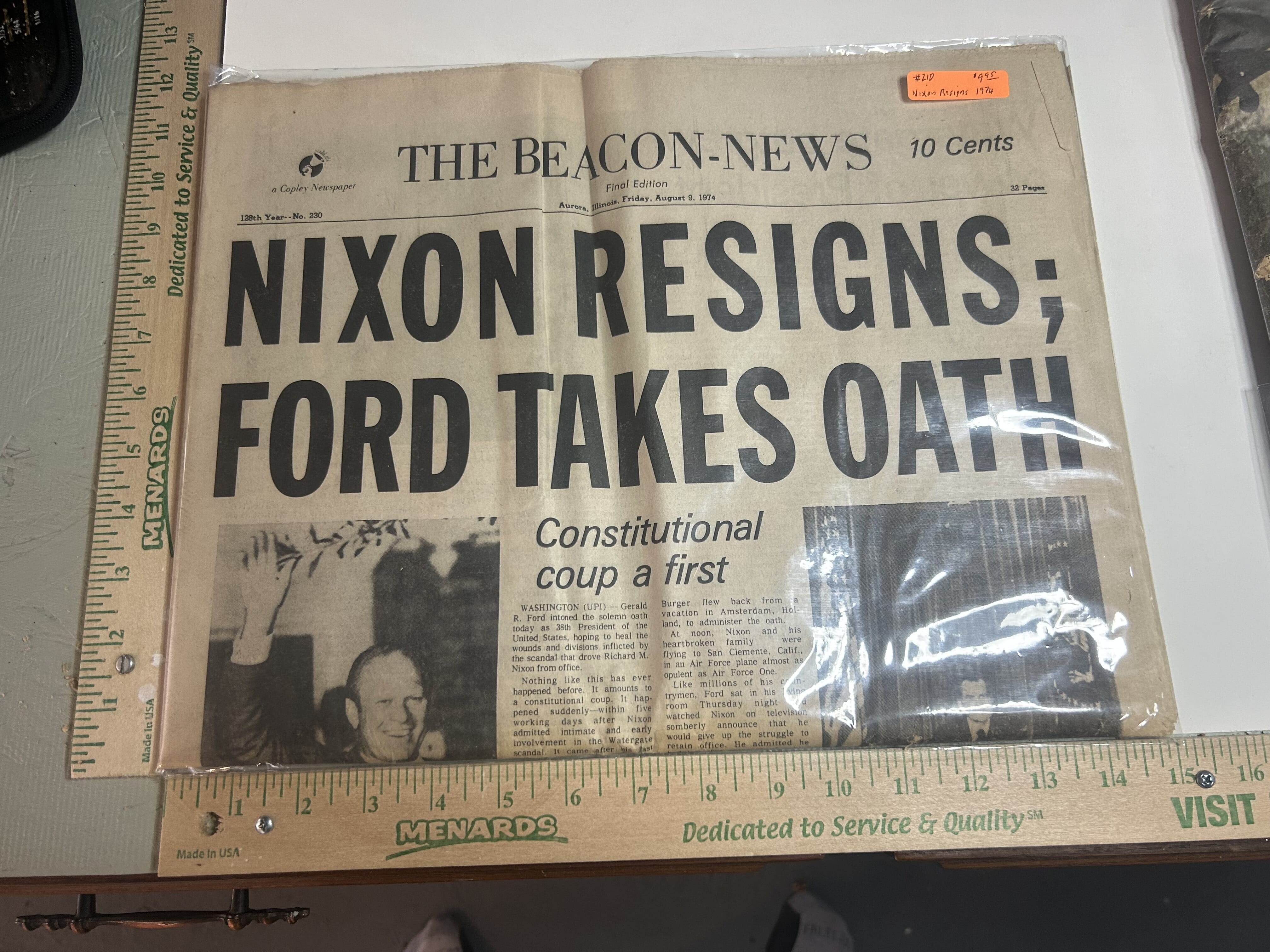 August 9-1974 The Beacon-News from Aurora Ill. Nixon Resigns; Ford Takes Oath headlines