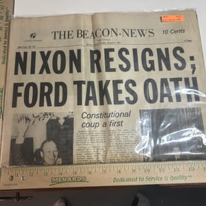IMG_2347 August 9-1974 The Beacon-News from Aurora Ill. Nixon Resigns; Ford Takes Oath headlines